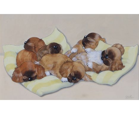 Chloe Preston (1887-1969), six sleeping puppies on yellow striped cushions, signed watercolour, housed in a gilt glazed frame