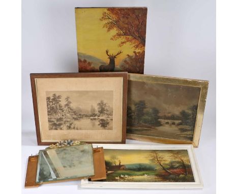 Pictures, to include a 19th Century continental rural scene, geese on a pond oil on card 54cm x 26cm painted frame; red deer 