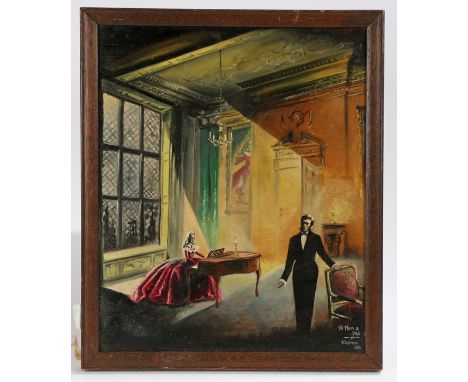 H, Robinson, circa 1956, interior scene with a lady playing a piano and a gentleman by a chair, 28cm x 35cm