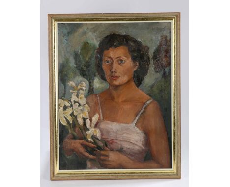 20th Century British school, Half-length portrait of a woman holding sprays of orchids oil on canvas 49cm x 65cm framedAnothe