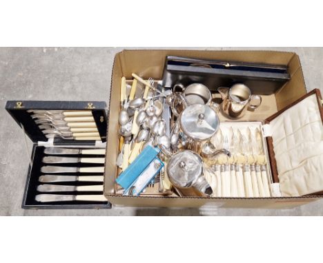 Collection of silver plate including four piece silver plate tea service, three cased flatware sets and various loose flatwar