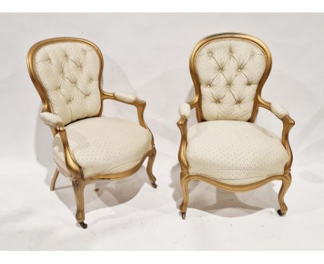 Pair of 20th century giltwood button back armchairs, raised on front cabriole legs, 90cm highCondition ReportSurface scratche