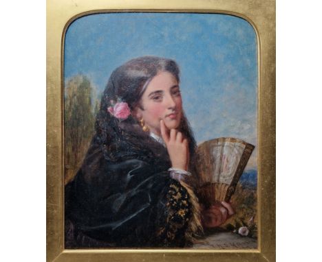 Joshua Hargrave Sams Mann (1826-1886)  Oil on board Portrait of Spanish lady in black veil holding a fan, signed J.H.S.Mann i
