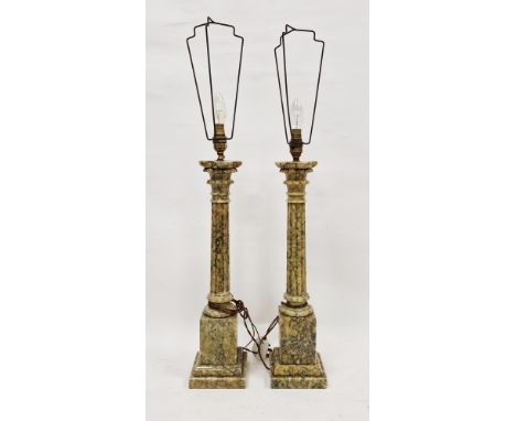 Pair of 20th century green variegated marble Corinthian column lamp bases, each with fluted column above square plinth, adapt