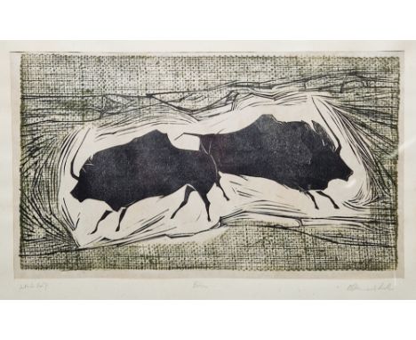 20th century school Etching on paper "Bison", artist's proof, titled, indistinctly signed P. Stewart? to mount, 34cm x 47cm  