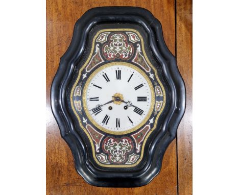 Late 19th century ebonised cased wall clock&nbsp;having brass faux-tortoiseshell and white enamel inlay surrounding a gilt mo