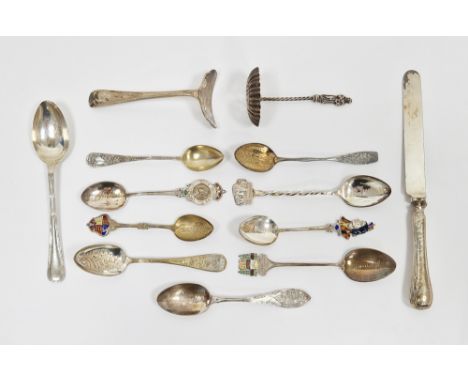 Collection of silver hallmarked and sterling silver flatware and souvenir teaspoons including Victorian silver hallmarked apo