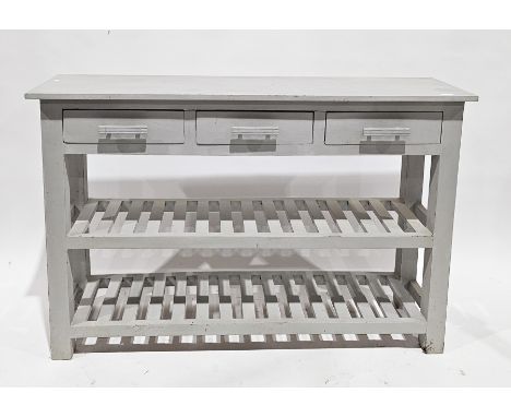 Modern hardwood console table, later painted pale blue, the rectangular top over three short drawers and two slatted shelves 