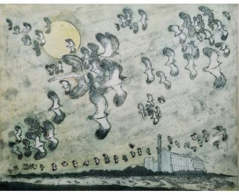 20th century school Etching and aquatint Landscape with flying female figures morphing into birds, factory in distance, limit