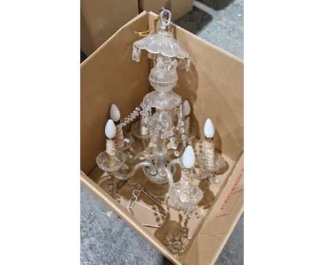 Early 20th century glass six-branch electrolier having crystal drops, 73cm high, another glass six-branch electrolier with cr
