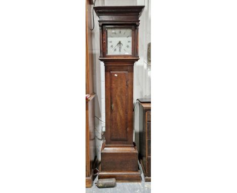 Antique oak longcase clock with dentil cornice, the painted dial inscribed &ldquo;Packer Tingewick&rdquo;, with calendar arch