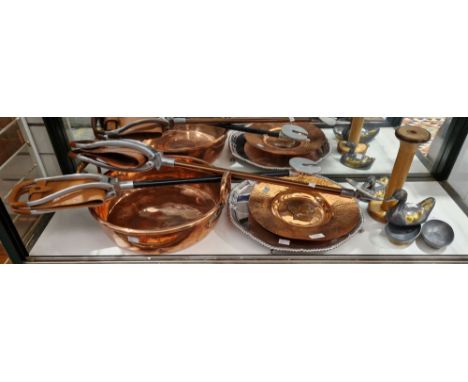 Large Victorian two-handled copper pan, 40cm diameter,&nbsp;a contemporary planished copper dish&nbsp;applied with a head of 