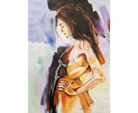 Christine Comyn (Belgium, b.1957) Oil on canvas Three-quarter length portrait of a woman wearing orange dress, signed lower r