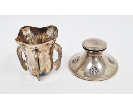 Edward VII silver and guilloche enamel capstan inkwell, Birmingham 1909, maker's mark rubbed, the base set with four floral e