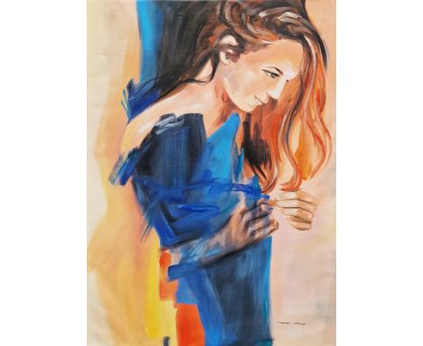 Christine Comyn (Belgium, b.1957) Oil on canvas Three-quarter length portrait of a woman, signed lower right, unframed, 120cm