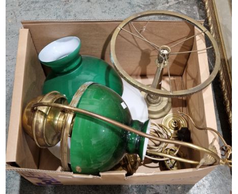 Victorian style brass hanging oil lamp with green glass shade converted to electric, 60cm high, early 20th century brass rise