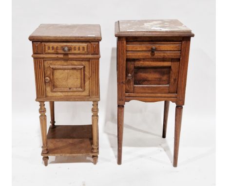 Two 19th century French bedside cupboards, one walnut and the other ash, each with marble top over a drawer, cupboard door an