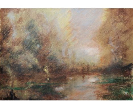 21st century school Two pastels on paper and an etching  Two misty landscapes, 19.5cm x 26.5cm, and a signed etching, Autumn 