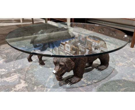 Constance (or Connie ) Foss (contemporary), glass circular coffee table supported by bronze sculptures of a bull and a bear, 