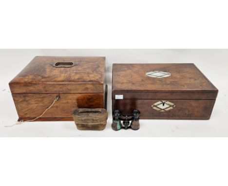 Two Victorian burr walnut boxes, the first, a writing box, inset with mother-of-pearl octagon to cover and front, the green v