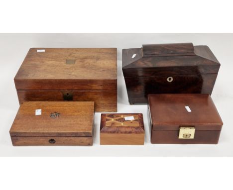 Collection of five boxes including Regency rosewood tea caddy of sarcophagus form, 29.5cm wide and a 19th century mahogany wr