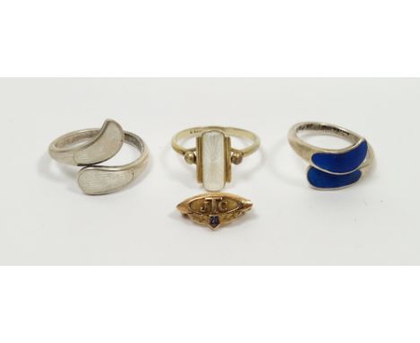 Two sterling silver and enamel cross-over rings, the ends set with enamel panels (one white, one blue), stamped sterling AMCO