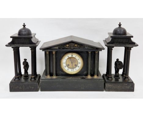 19th century 8-day slate mantel clock of architectural form, the gilt metal and white enamel dial with numerals Roman numeral