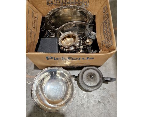 Collection of silver plated items and flatware including James Dixon three piece silver plated tea service, early 20th centur