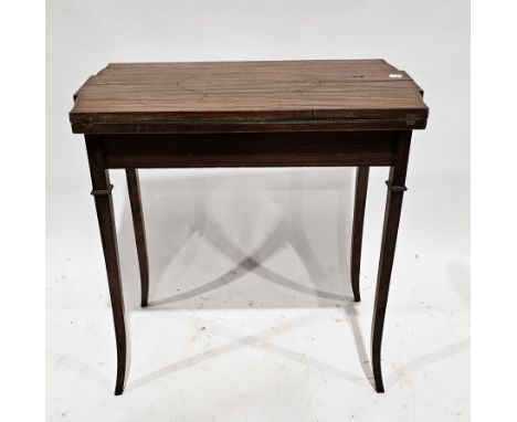 Edwardian mahogany dual-flap card table, the top section folding out to reveal fitted baize top with dice holders in each cor