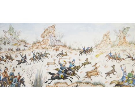 H. Ali Sajjadi (Iranian, 20th century) Gouache/inks on ivory panel Miniature hunting scene with figures on horseback hunting 