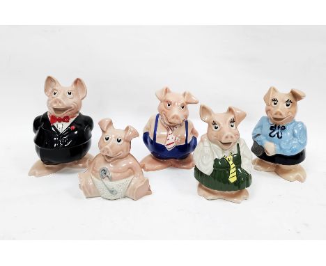 Set of five vintage Wade Nat West piggy banks, each with moulded marks and black plastic stoppers to undersides, 18.5cm high 
