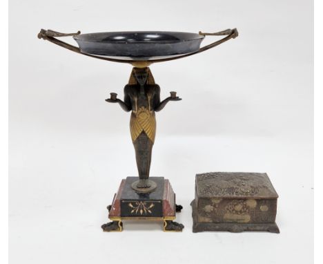 19th century bronze and marble tazza in the Grand Tour manner, the twin-handled dish supported by an Egyptian pharaoh on ribb