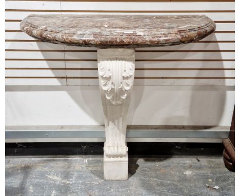 Marble top demi-lune wall hanging console table, on a single composite stone support of scrolling form with acanthus leaf dec