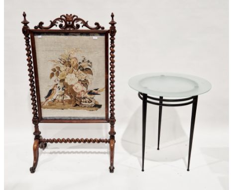 19th century large rosewood framed firescreen, the frame with carved foliate scroll cresting and barley-twist columns, with a