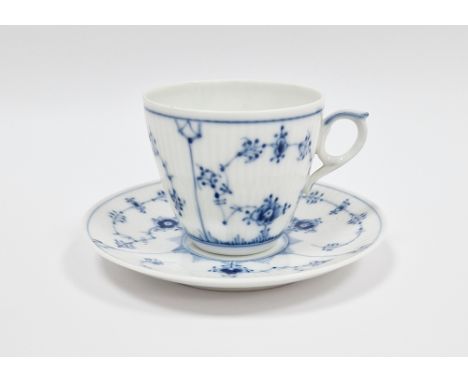 Royal Copenhagen blue and white lace-pattern teacup and saucer, printed blue and green marks, pattern no.1/80 reserved on a r