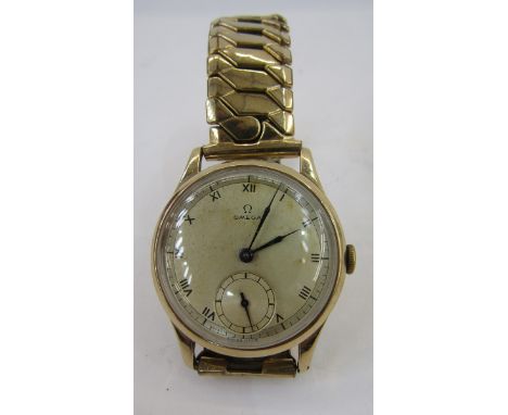 1940's 9ct gold cased Gentleman's Omega manual wind wristwatch, the circular dial having Roman numerals denoting hours and se