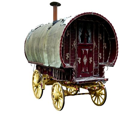 Early 20th century bow top Vardo/gypsy painted wagon, outer cabin painted in burgundy, gold and white, spoked wheels and unde