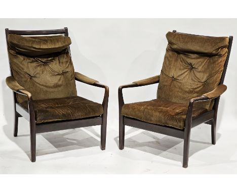 Pair of mid-century retro teak-framed armchairs by Cintique, with brown button upholstered cushion backs, seats and armrests,
