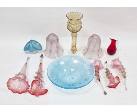 Group of late 19th-20th century coloured glass, including: five Victorian vaseline glass epergne trumpets, two opaque pink an