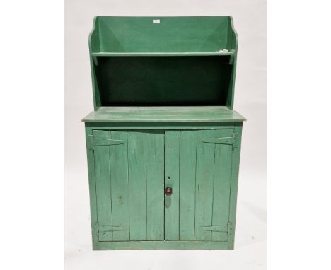 19th century green painted pine small cottage dresser, the back with single shelf and shaped sides over two tongue and groove