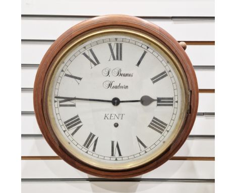 Station style circular wall clock, the mahogany case having a white dial with single winding hole, Roman numerals and marked 