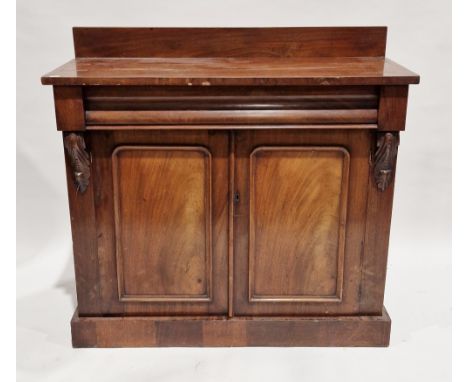 Victorian mahogany chiffonier, the top with square upstand over a long cushion drawer and two moulded panel doors, raised on 