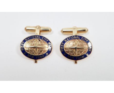 Pair of presentation 14k enamelled bar back cufflinks, the oval panels with enamel decoration for the First National City Ban