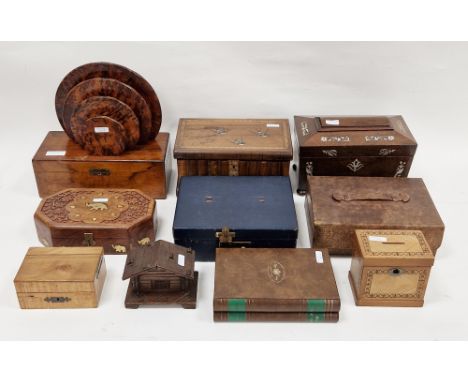 Collection of boxes including Regency rosewood and mother-of-pearl inlaid tea caddy of sarcophagus form, 22cm long, Italian S