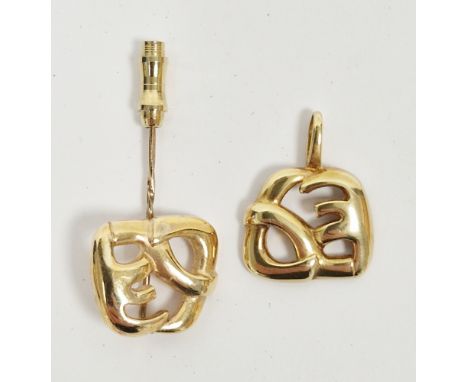 9ct yellow gold stickpin and pendant set, the finial of the stick pin and the pendant of modernist stylised form, each stampe