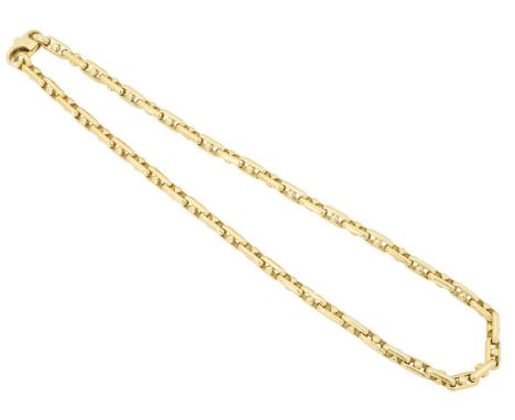 An 18ct gold fancy link necklace, the fancy trace link chain with polished bar accents and spring clasp, hallmarks for London
