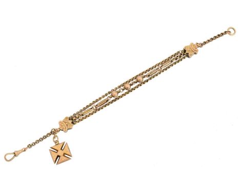 A late Victorian Albertina chain, the fancy link chains with engraved spacers, faceted bead accents and suspending a cross fo