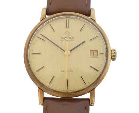 A 9ct gold Omega De Ville automatic wristwatch, the circular signed dial with black enamel baton hour markers, date aperture 