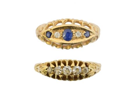 Two 18ct gold gem-set dress rings, to include a diamond five stone ring, together with a sapphire and diamond five stone ring