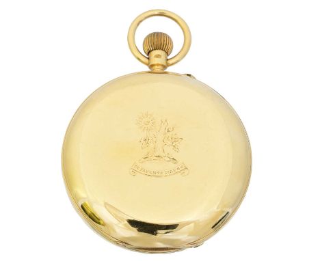 An 18ct gold full hunter pocket watch, the enamel dial with roman numeral hour markers and subsidiary seconds dial to 6, keyl